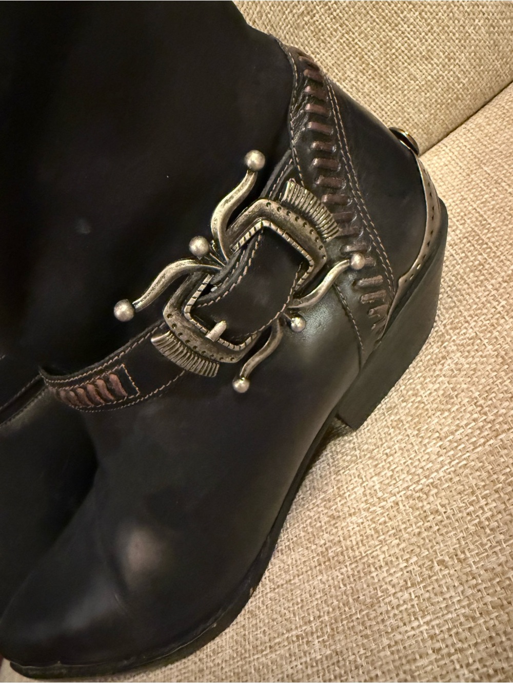 Circle S Black Leather & Suede Western Boots Stacked Heel Buckle Western Boho - Picture 2 of 8